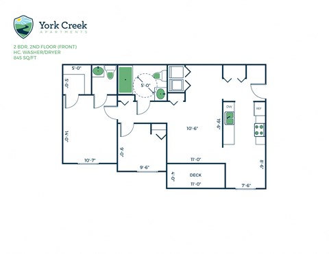 Floor plan for 2 beds, 1.5 baths, 844 sqft